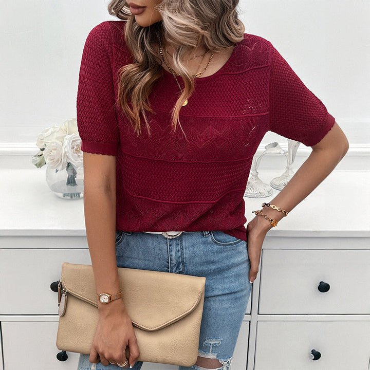Skovae | Elegant Rund hals Hullet Kortærmet Pullover Top