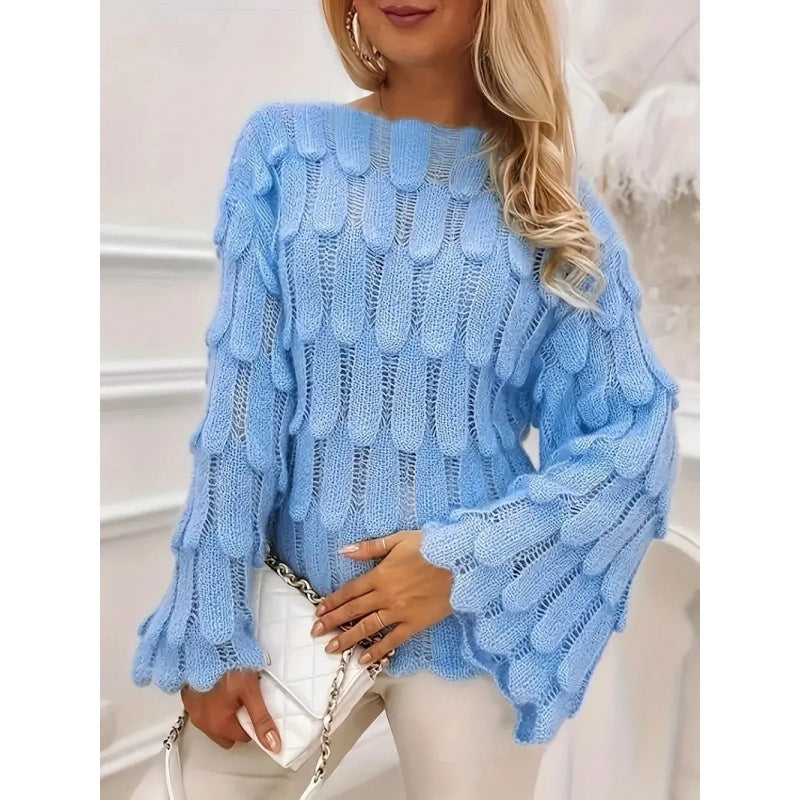 Kvinders strikket sweater med voluminøse ærmer og struktureret mønster Stilla
