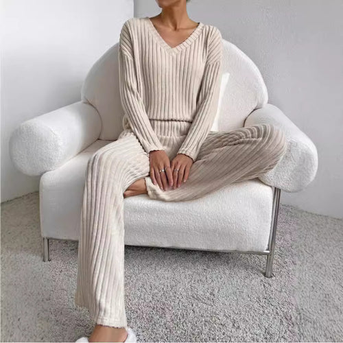 Dame Strik-Loungewear-Sæt med V-udskæring og løs pasform Stilla
