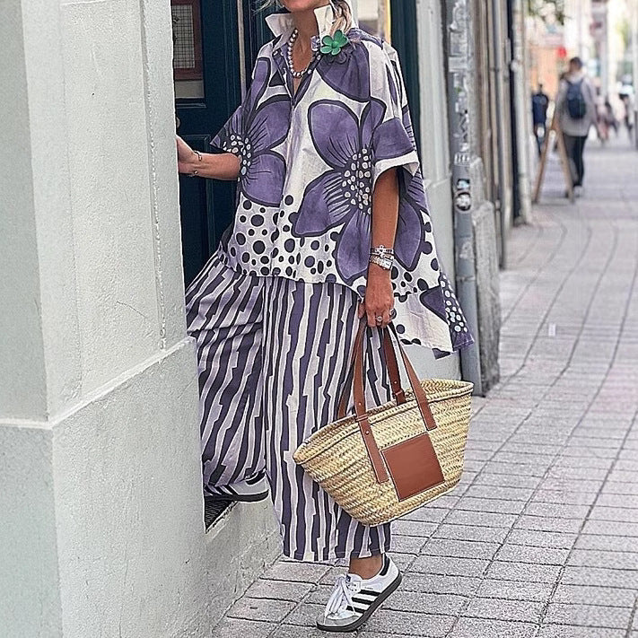 Dame Stilfuldt Floralprint Poncho og Bred-Bukser Sæt Stilla