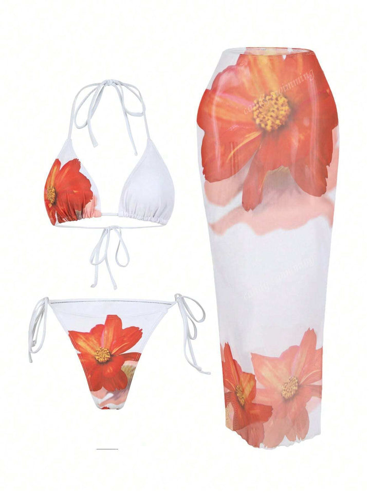 Dame Triangel-Bikini-Sæt med blomsterdesign og gennemsigtig Maxikjole Skovae