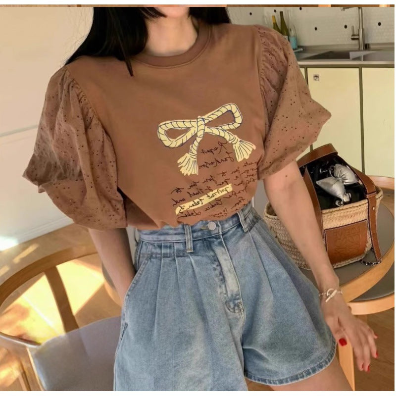 Dame Puffærmet Grafik T-shirt og høj talje Denim Shorts Sæt Stilla