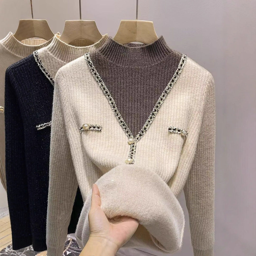 Dame mode V-hals pullover med glimmerdetaljer og knapper Stilla