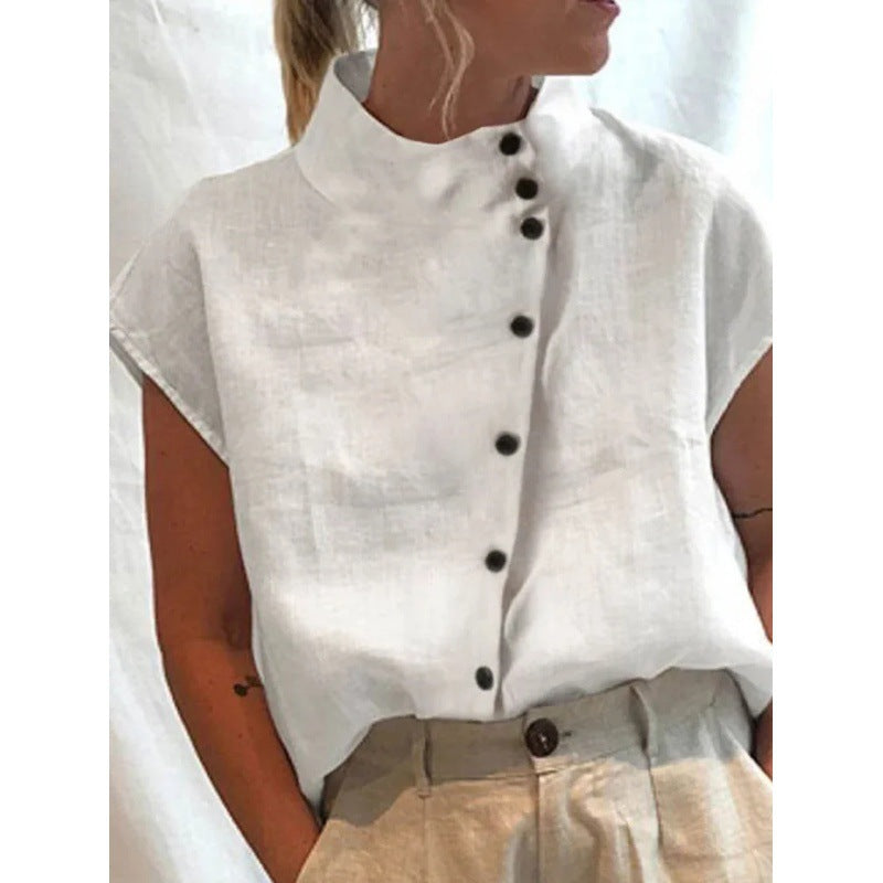 Dame mode kortærmet bluse med ståkrave Stilla