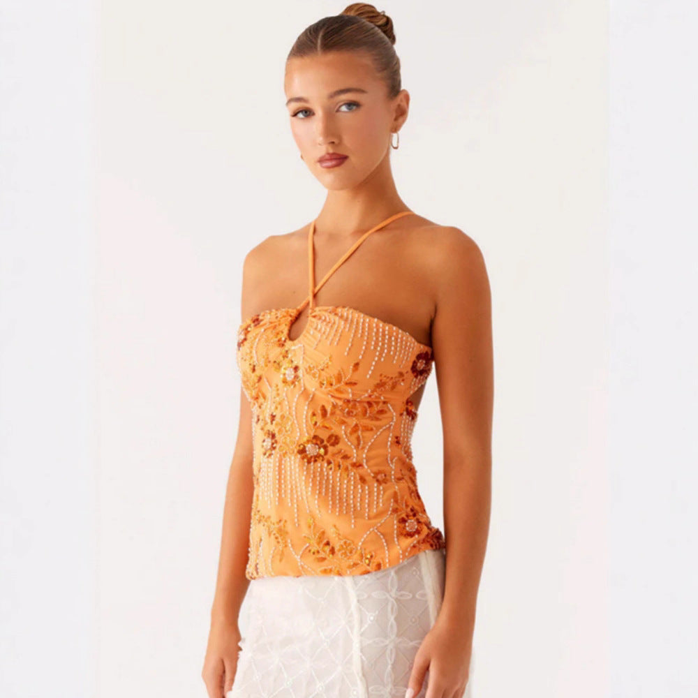 Kvinder Glitrende Bustier Top med Blomsterdesign og Funklende Applikationer