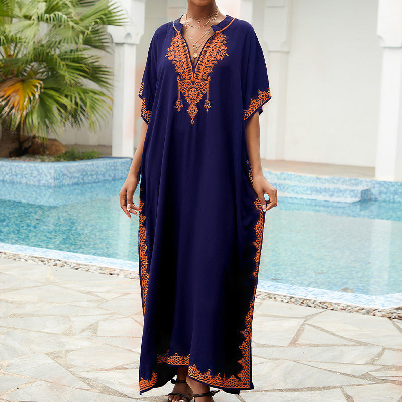 Dame Strandkaftan med kunstneriske broderier og sidelister Stilla