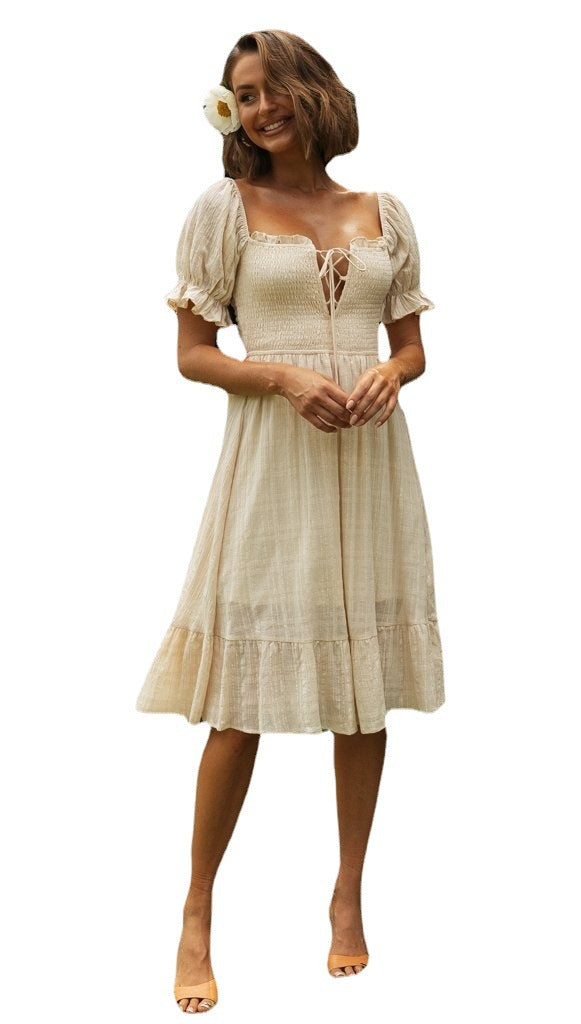 Dame Midi Kjole med nostalgisk Rüschendesign og Frontsnøring Stilla