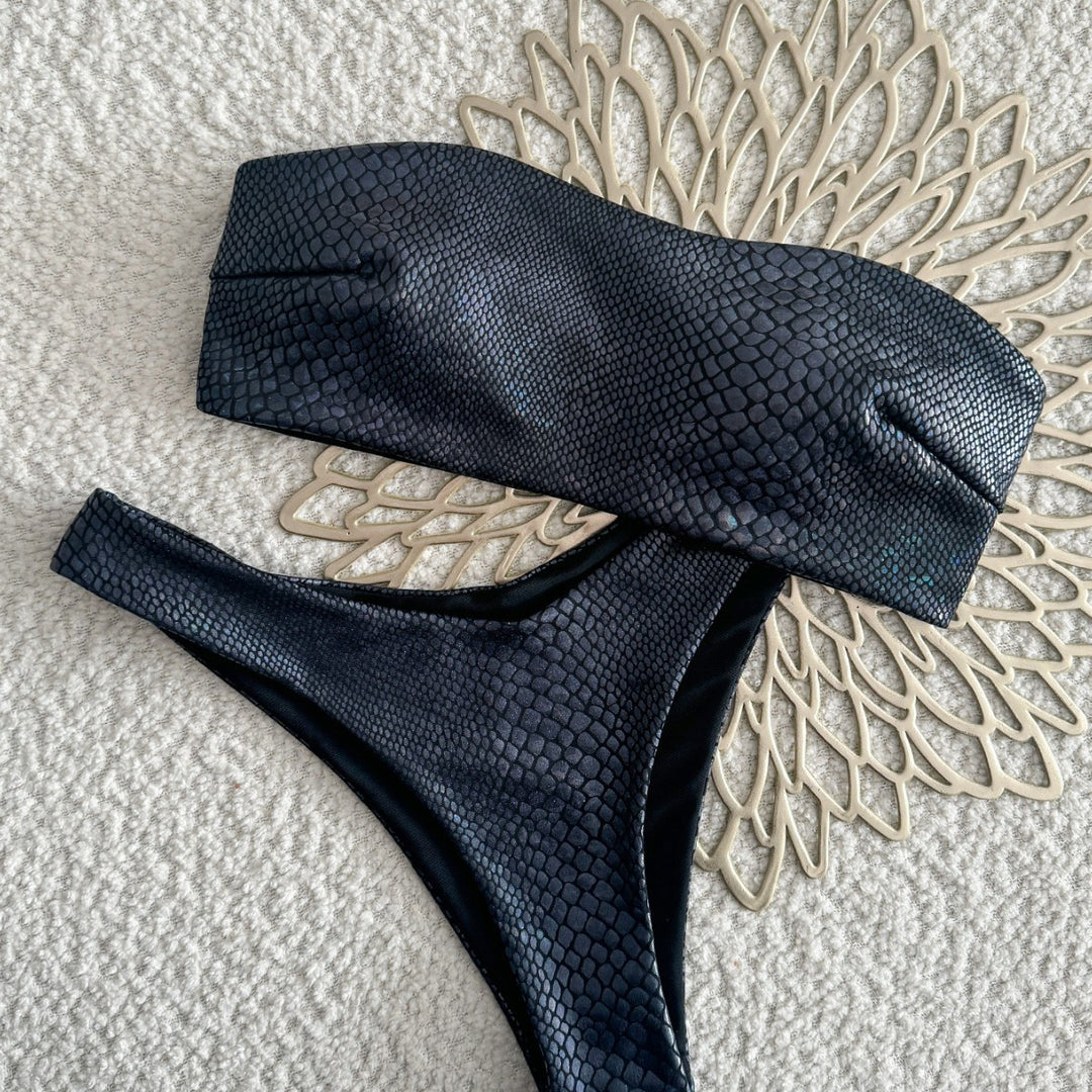 Dame bikini-sæt med trendy slangelæder-tryk og elastisk top Stilla