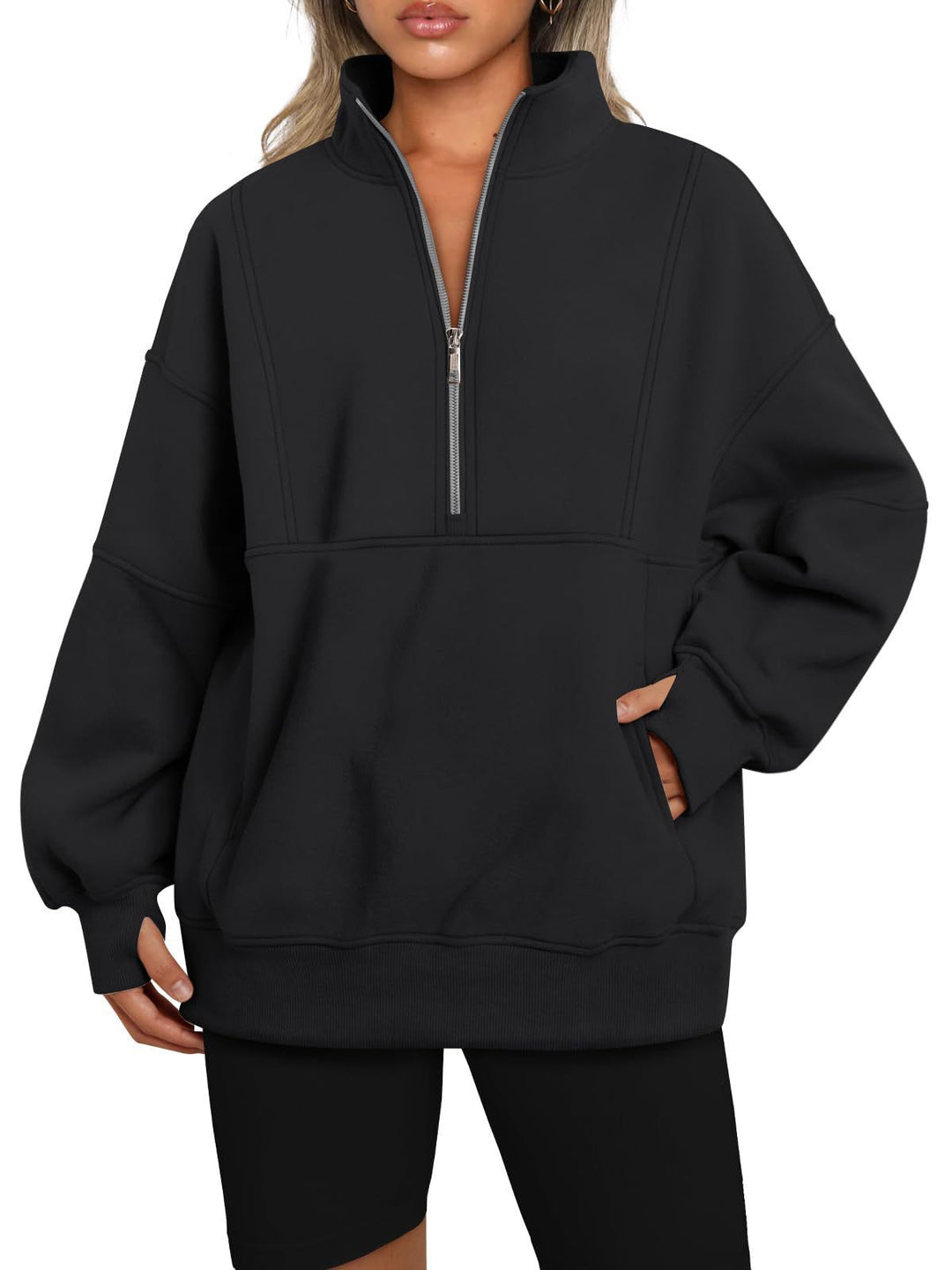 Dame Sporty Hoodie med halvdelen lynlås og voluminøse ærmer Stilla