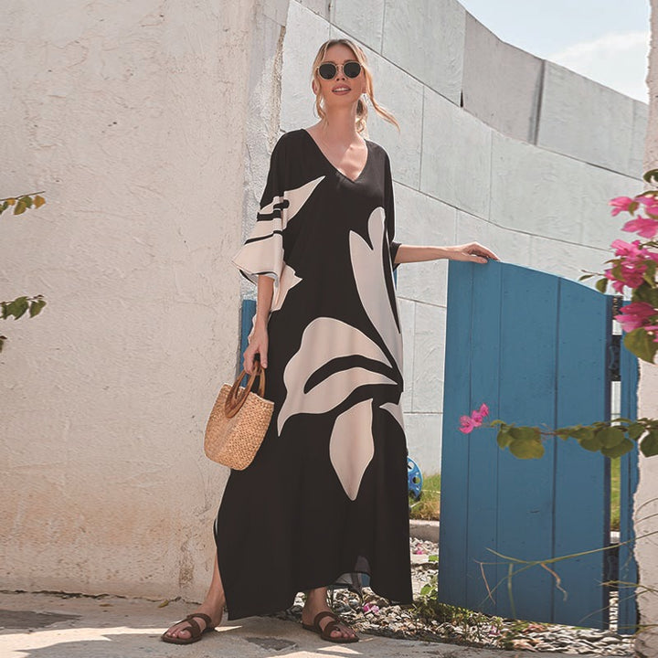 Dame Maxi-Kaftan med blomsterdesign og V-udskæring Stilla