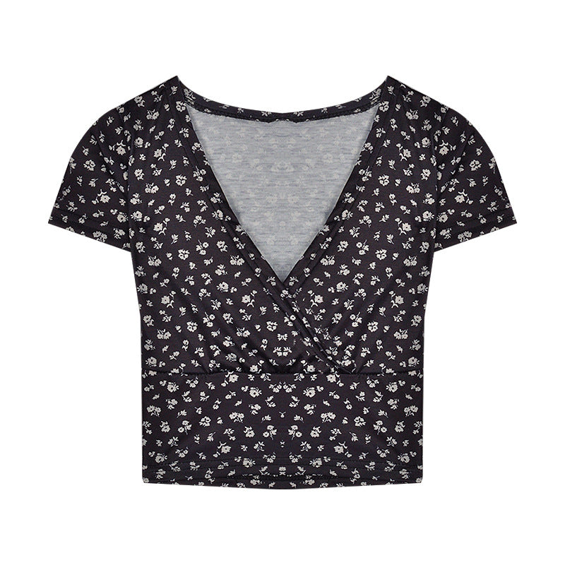 Dame crop top med blomsterprint og elegant V-hals