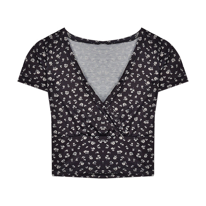 Dame crop top med blomsterprint og elegant V-hals