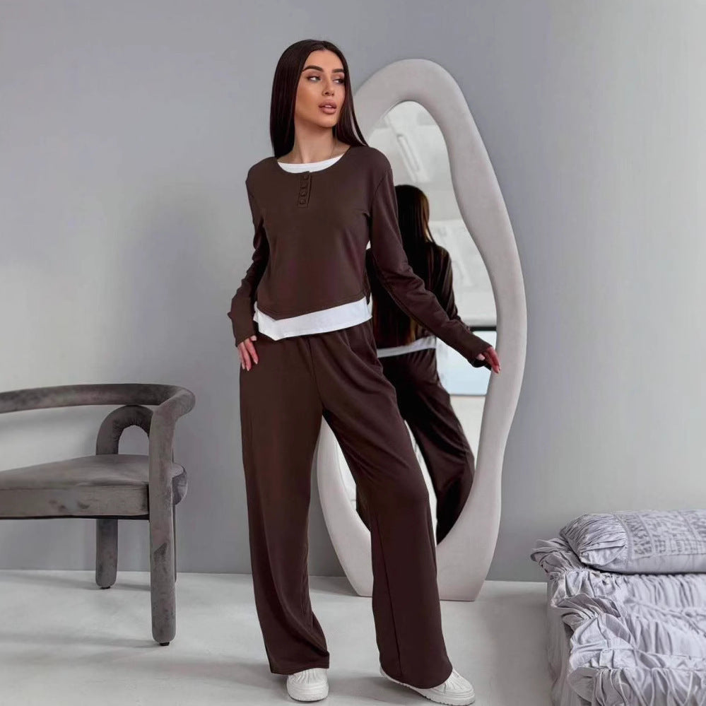 Kvinders loungewear sæt med langærmet skjorte og vide bukser