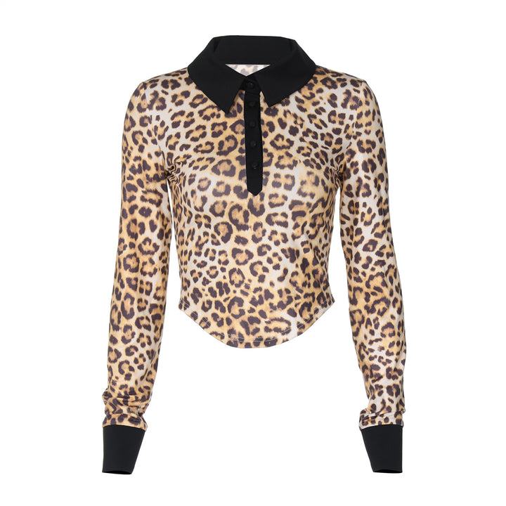 Dame Langærmet Poloshirt med leopardmønster og sorte akkompagnementer Stilla