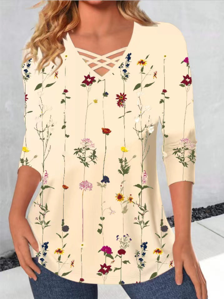 Dame langærmet skjorte med blomsterprint og V-udskæring Stilla