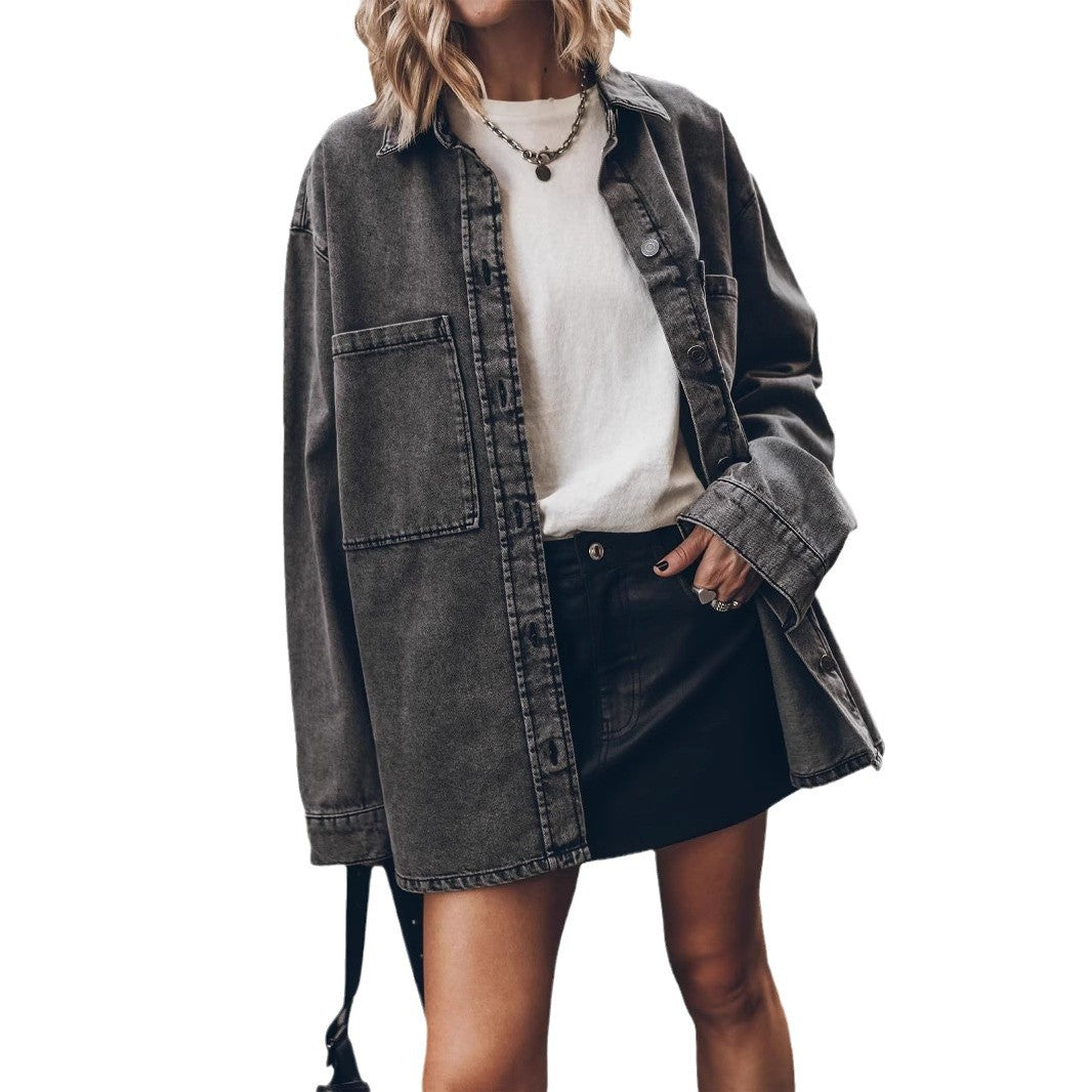 Kvinders oversized denim skjortejakke med praktiske lommer Stilla