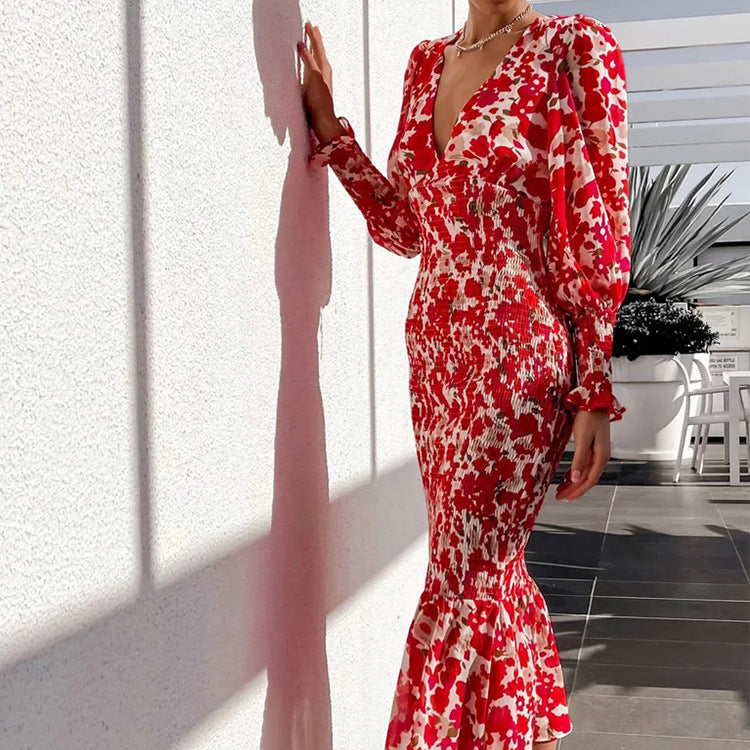 Kvinders Bodycon kjole med flæsekanter og glamorøst blomsterprint Stilla