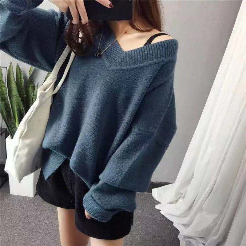 Kvindernes chunky strik V-hals sweater med en afslappet pasform og oversized ærmer Stilla