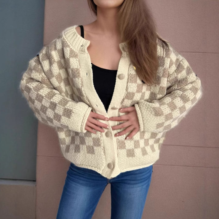 Kvinders mønstrede cardigan med store knapper og løs pasform Stilla