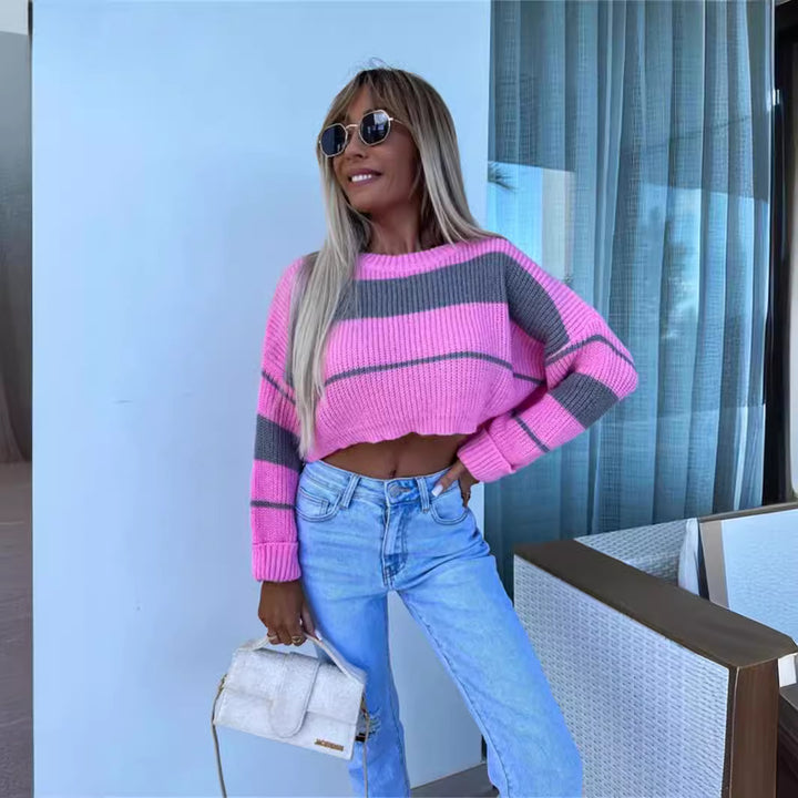 Dame cropped striktrøje med fashionable striber Stilla