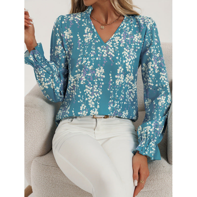 Femme Blomstret V-Hals Bluse med Rufflesleeves Stilla