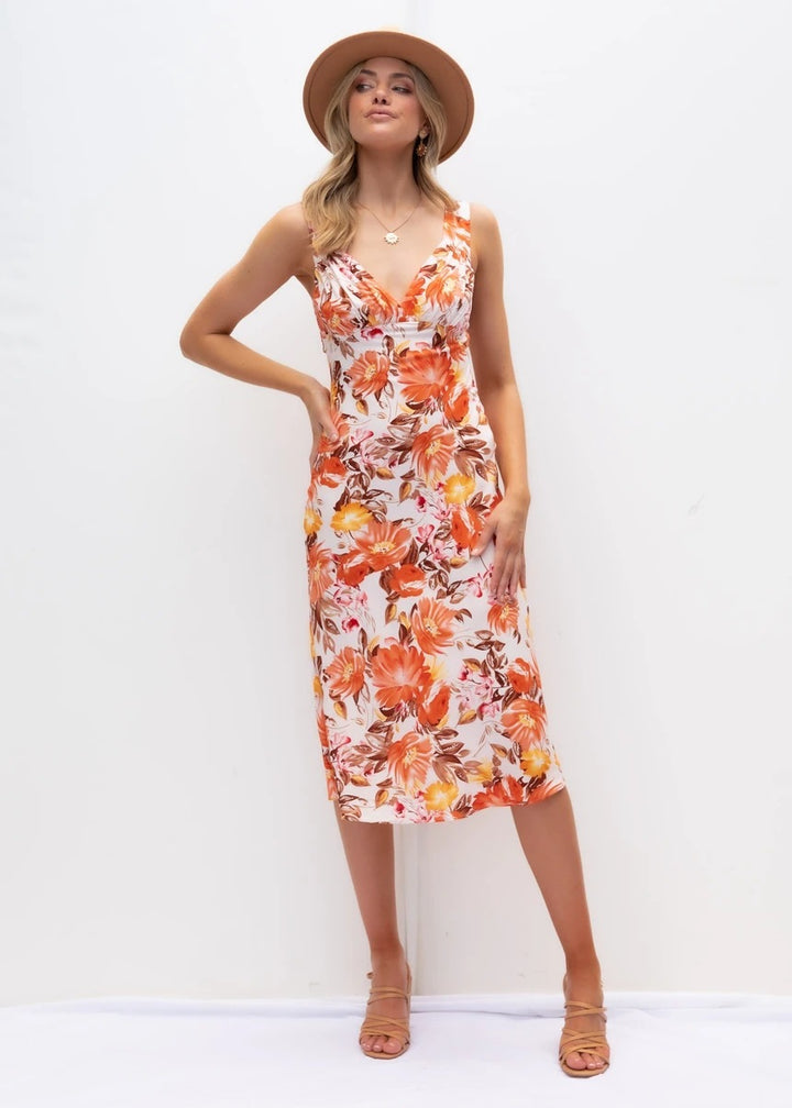 Dame Floral Midi Slipkjole med elegant V-udskæring Design Stilla