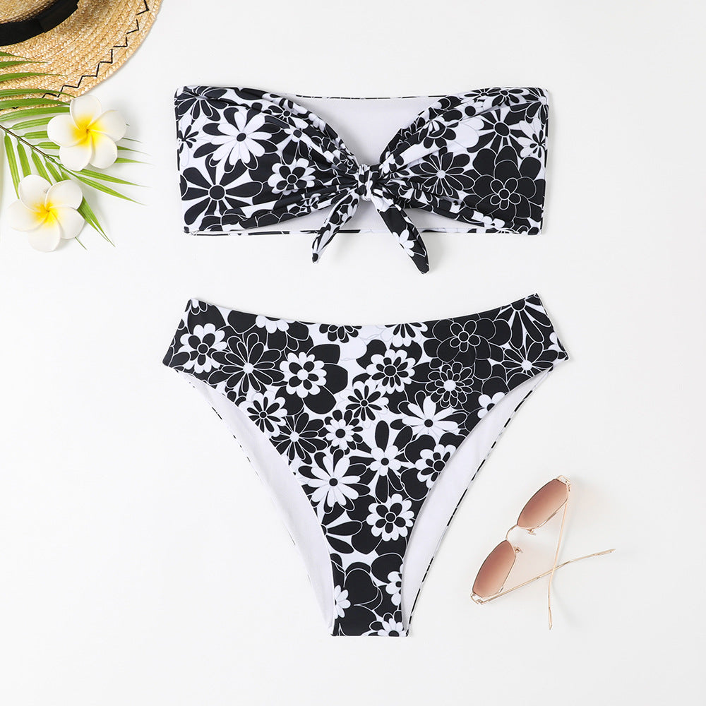 Damer Bandeau Bikini med moderne blomsterprint og legende knudedetalje Skovae