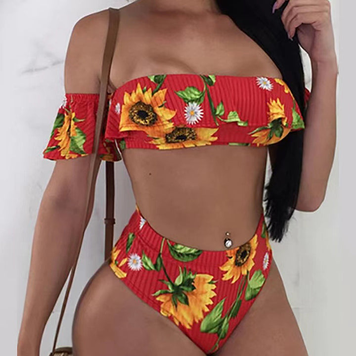 Dame bikini sæt med floralt ruffle-design og høj talje trusser Skovae