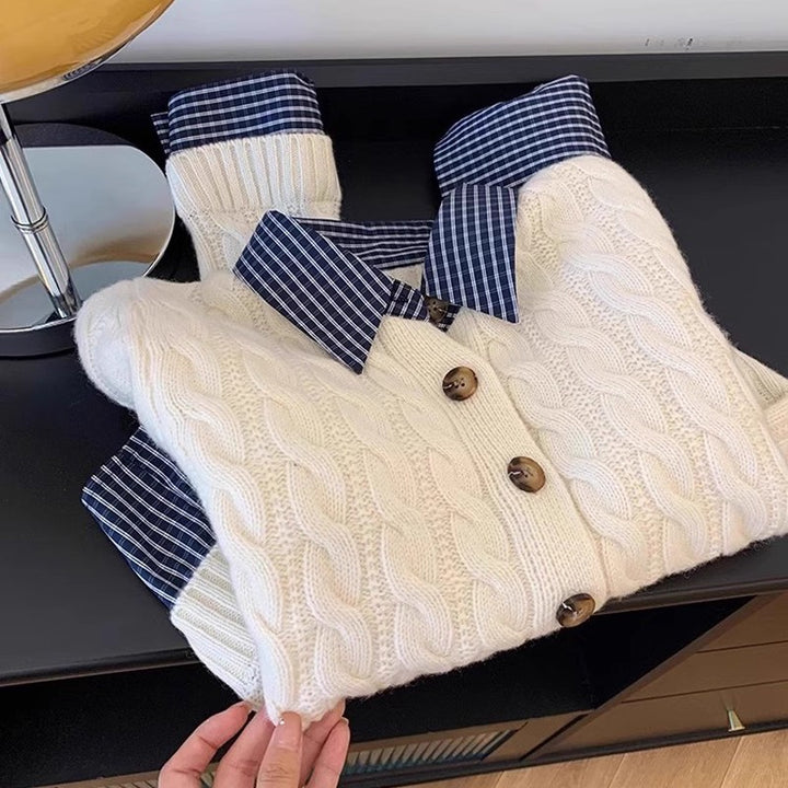 Kvinders cardigan med ternet stofkrave og knapdetaljer Stilla
