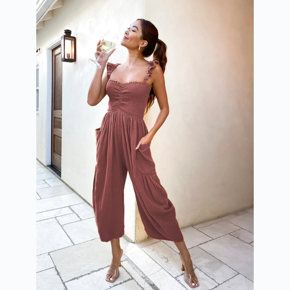 Dame Casual Jumpsuit med Flæse Stropper og Praktiske Lommer