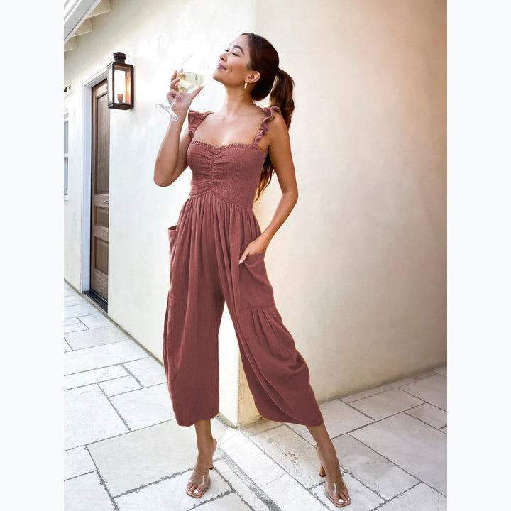 Dame Casual Jumpsuit med Flæse Stropper og Praktiske Lommer