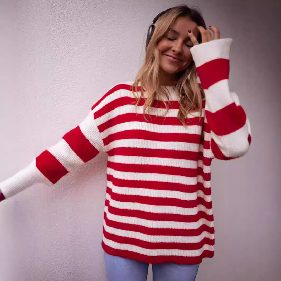 Dame moderigtige chunky strik sweater med iøjnefaldende stribemønster Stilla