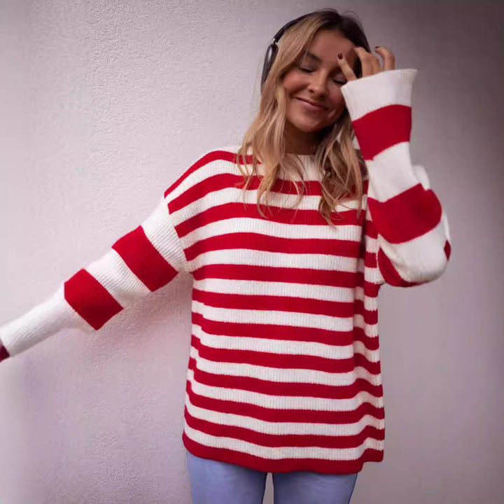 Dame moderigtige chunky strik sweater med iøjnefaldende stribemønster Stilla