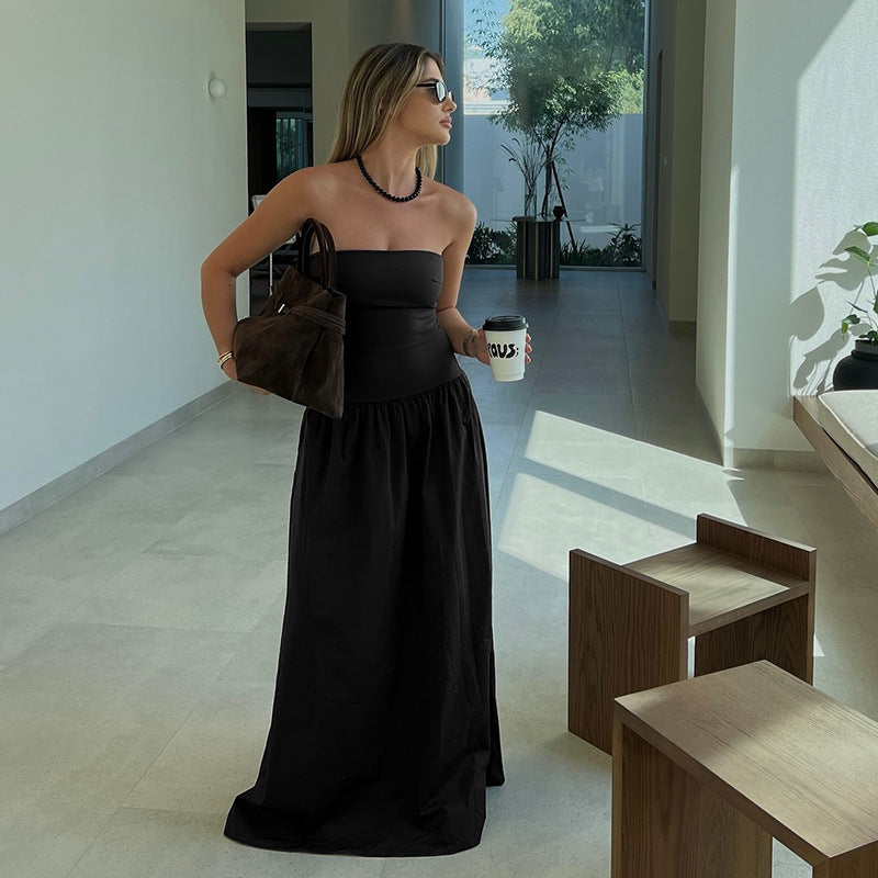 Dame elegant bandeau maxikjole med svingende nederdel og elastisk talje Skovae