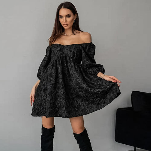 Dame Off-Shoulder Minikjole med voluminøse puffærmer og struktureret stof Stilla