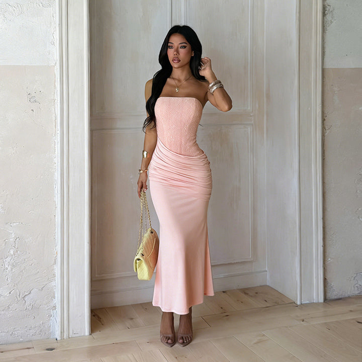 Kvinder Elegant Lang Aftenkjole med Figur-venlig Rynke Design og Skinnende Pailletter