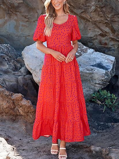Dame maxikjole med voluminøs skirt og bladprint Stilla