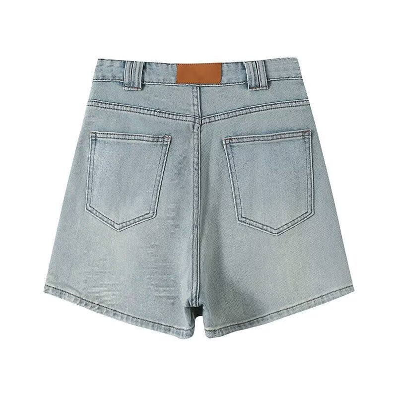 Dame løse denim-shorts med høj talje og elastisk snor Stilla