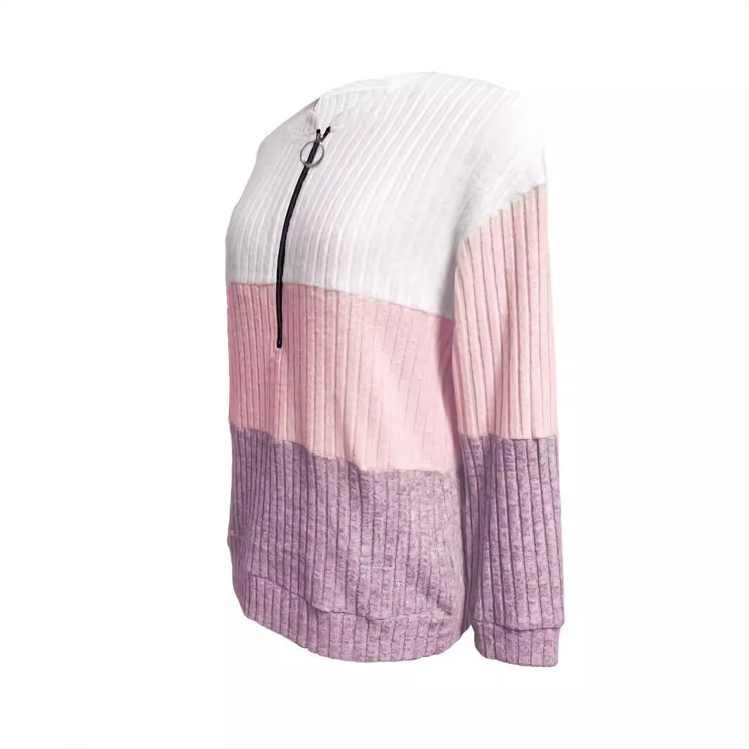 Dame nan ribbet lang pullover med ring lynlås og farveblok struktur Skovae