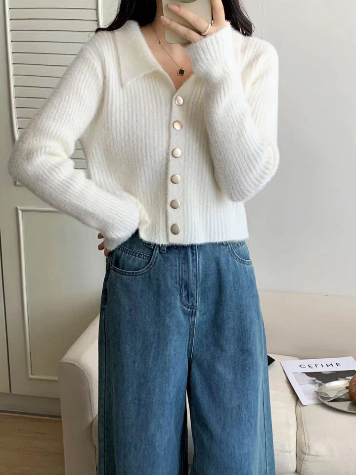 Dame Stilfuld Kort Cardigan med Knap Detaljer og V-Hals Stilla