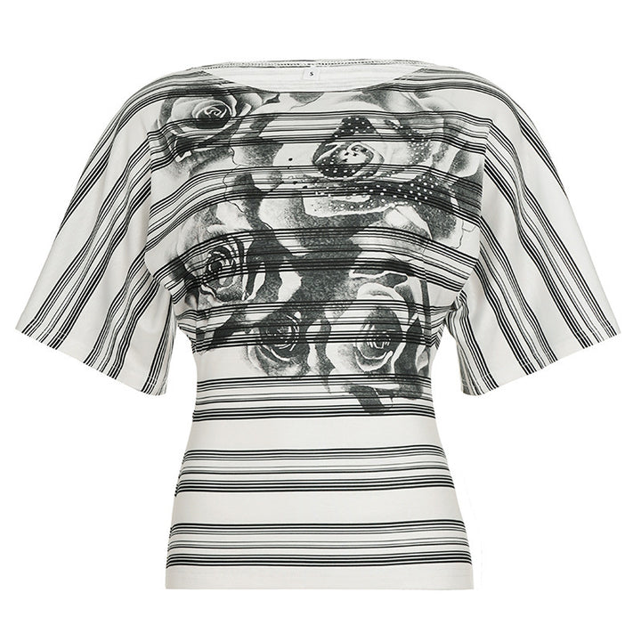 Dame Oversized T-Shirt med blomstret stribemønster og elegant pasform Skovae
