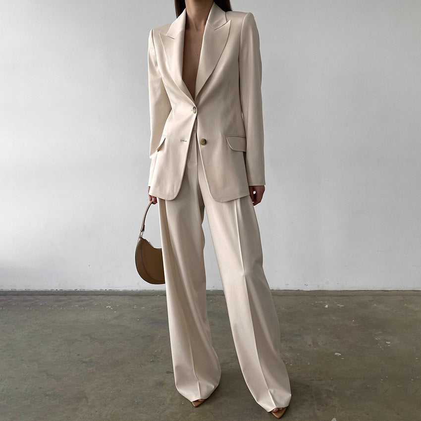 Dame elegant blazer-buks sæt med taljeret snit og bredt ben Stilla