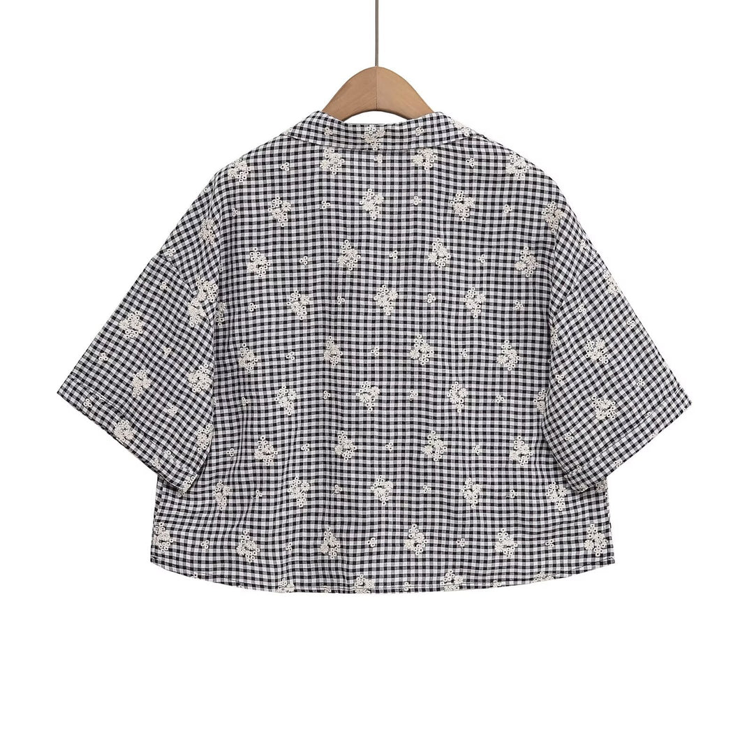 Dame bred gulerodsbukser med floralsk gingham-mønster og elegant kantdekoration Skovae