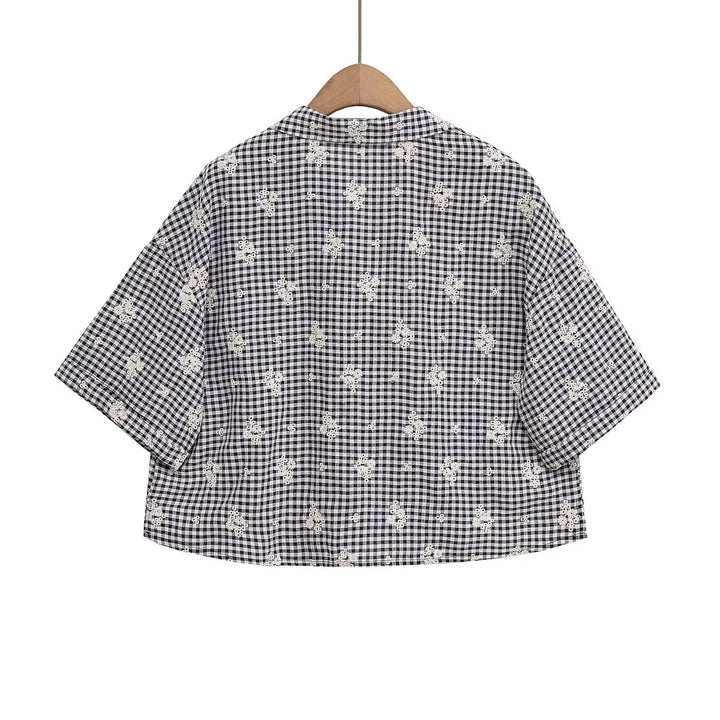 Dame bred gulerodsbukser med floralsk gingham-mønster og elegant kantdekoration Skovae