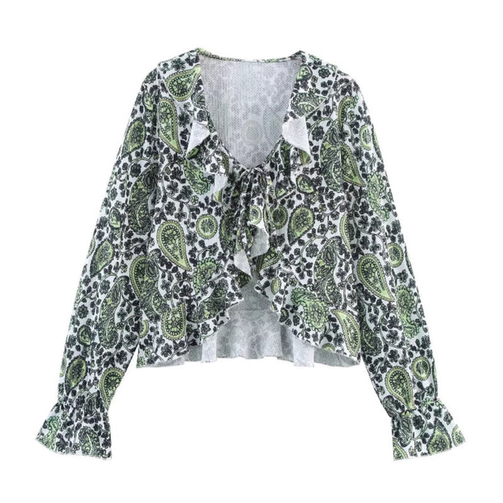 Kvindebluse med romantiske flæsedetaljer og blomster mønstre Stilla