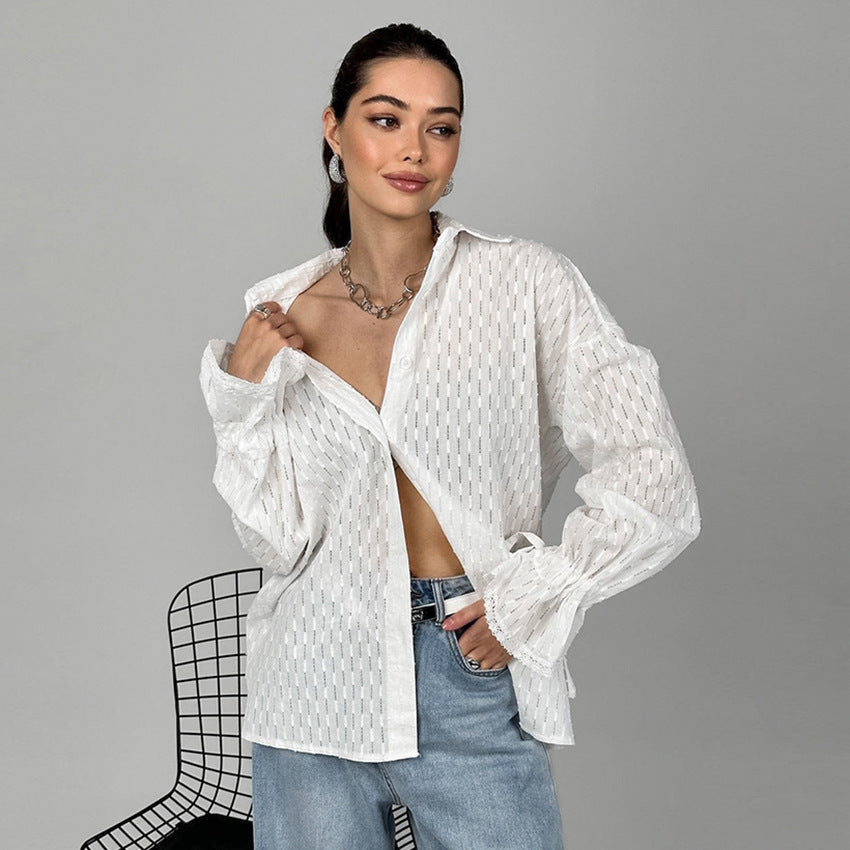 Damer Elegant Bluse med transparente stoffer detaljer og rynker Stilla