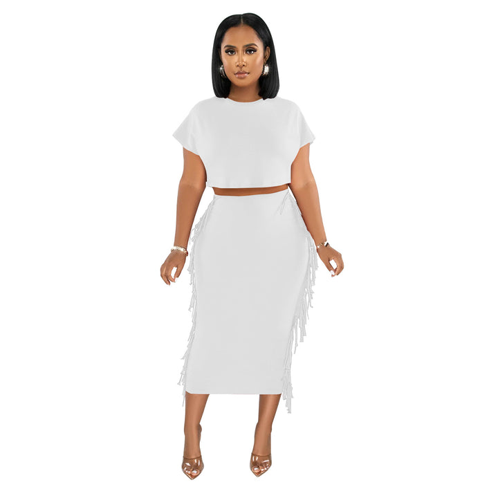 Dame elegant kombination af cropped top og tætsiddende nederdel med frynser Stilla