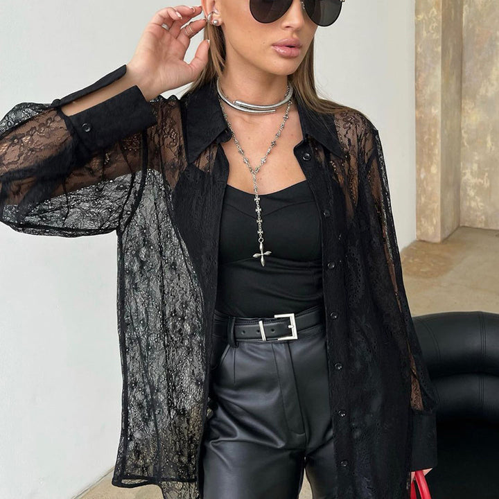 Dame Gennemsigtig Spidsbluse med moderne detaljer og klassisk krave Stilla
