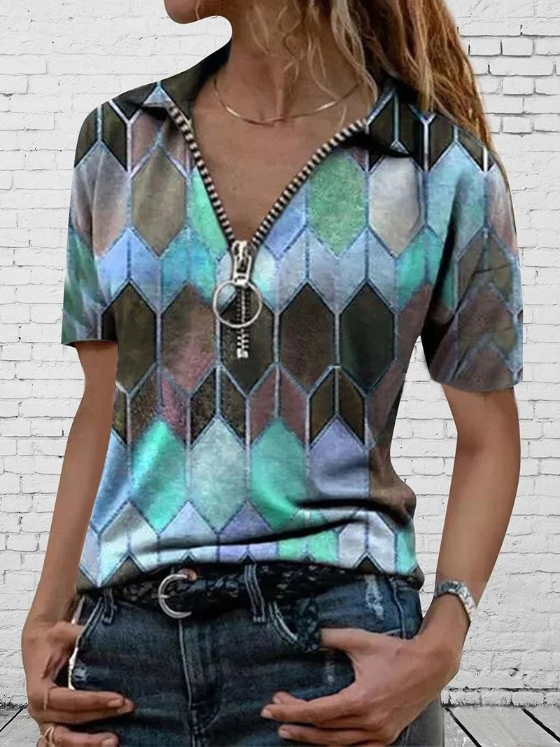 Dame mode kortærmet T-shirt med lynlås og geometrisk mønster Stilla