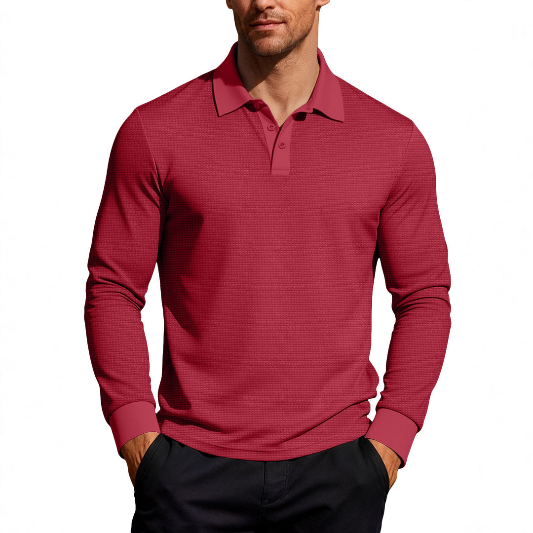 Herrer nan Langarm-Poloshirt i vaffelstrik med slim fit skjult knaplukning og skjortekrave Skovae